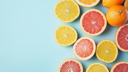 Flat lay of a variety of healthy citrus fruits arranged on a light blue backdrop, creating an appealing scene perfect for dietary and nutrition fitness content with ample space for copy.