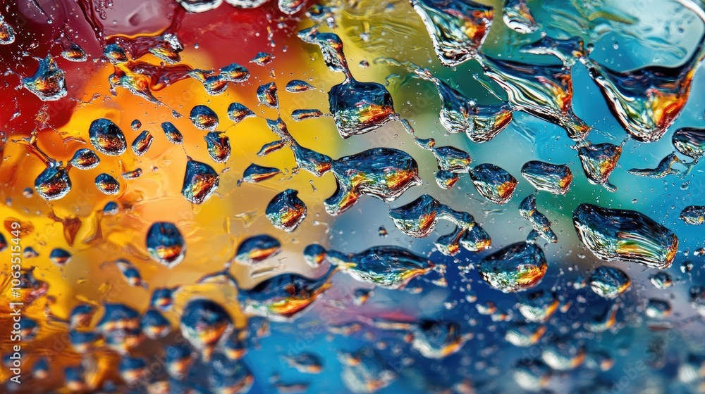 Poster vibrant water droplets create mesmerizing patterns over a serene surface of water waves, capturing t