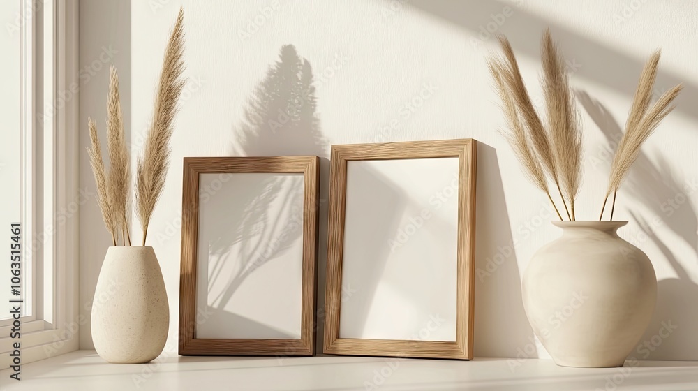 Poster mockup of a double portrait empty frame alongside a vase, creating a stylish setting for displaying 
