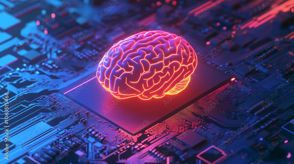 Aufkleber Illuminated brain rests on a circuit board, representing the promise of artificial intelligence