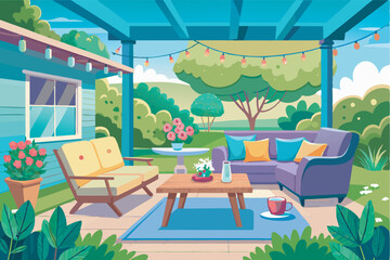 Illustration of a garden-themed patio with seating, coffee table, vases, lemons, plants, and string lights. Tranquil outdoor setting with hill and trees.
