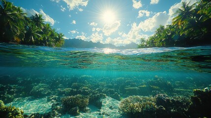 Tropical Paradise Underwater Coral Reef and Palm Trees Landscape