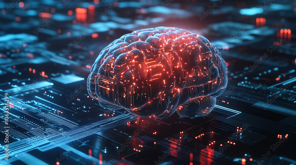Fototapete digital brain made of circuits and nodes is glowing over a motherboard, symbolizing artificial intel