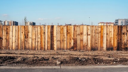 Temporary wooden fence around a construction site creates a distinct boundary, emphasizing the construction site with a rustic touch, complemented by ample photo style copy space.