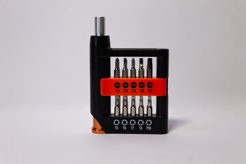 Modular universal set in a compact box, screw bits for screw and hex bits, home repair tool.