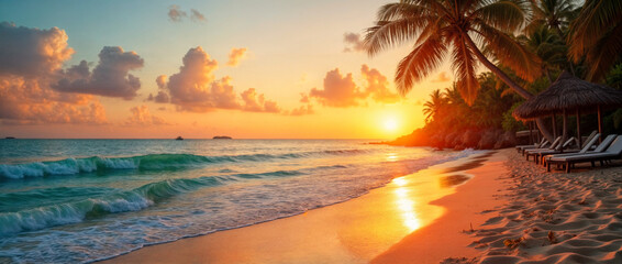 Sunset Beach Paradise, Tropical Serenity at Dawn, Travel brochure cover, tourism advertisement, beach resort website banner, mobile phone wallpaper