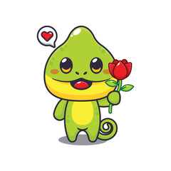 Chameleon holding rose flower cartoon vector illustration