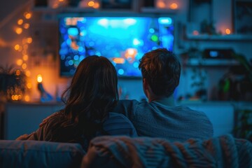 A cozy scene featuring a couple relaxing together on a couch, watching television in a dimly lit room with warm ambient lighting.