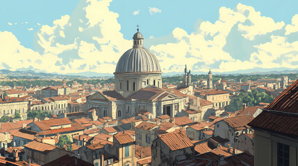 Obraz premium A city with a large dome on top of a building. generate ai image. Italian Renaissance Piazza. Illustration