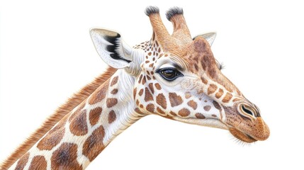 Close-up portrait of a highly detailed African giraffe against a white background, capturing the unique features of this majestic animal with ample copy space for design.
