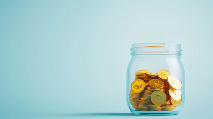 Glass Jar of Gold Coins on Blue Background for Financial Planning Concept