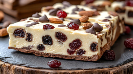 White Chocolate Fudge with Dried Cranberries and Almonds, dessert, sweet, candy, confectionery, nuts