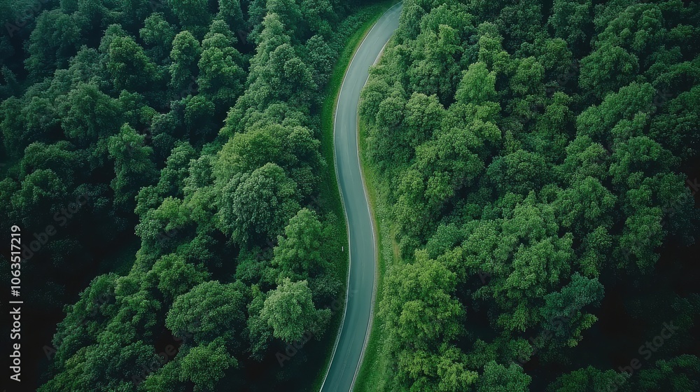 Poster aerial view from above captures a winding country road surrounded by lush green trees, creating a se