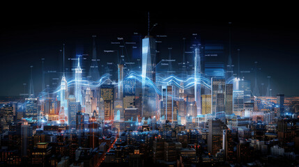 vibrant city skyline at night, illuminated by lights and overlaid with digital data visualizations, showcasing blend of technology and urban life