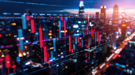 Fototapeta premium vibrant city skyline is overlaid with digital stock market chart, showcasing fluctuating prices and trends. scene captures dynamic relationship between urban life and financial markets, evoking sense