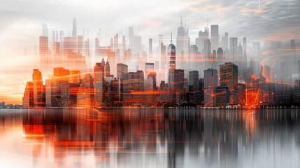 Obraz premium stunning city skyline overlayed with vibrant chart, showcasing dynamic energy of urban life and financial growth. reflection on water adds serene touch to bustling scene