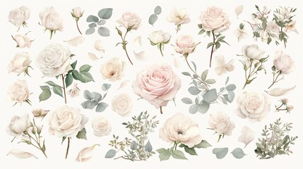 Delicate Elegance: Soft Pink and White Roses with Eucalyptus - Watercolor Wedding Floral Design Elements for Perfectly Replicated Patterns