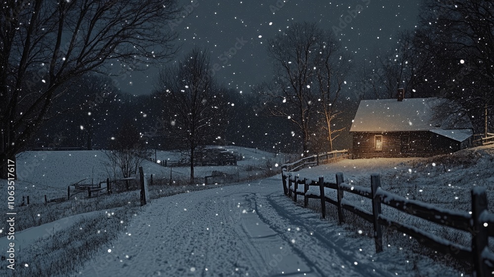 Poster a wintery night transforms the landscape with gently falling snowflakes, creating a serene scene tha