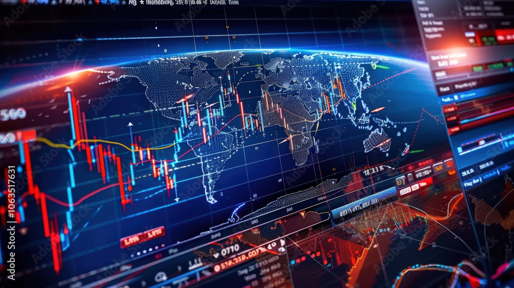 Poster visualizing global market trends, this showcases high tech financial chart with vibrant colors and i