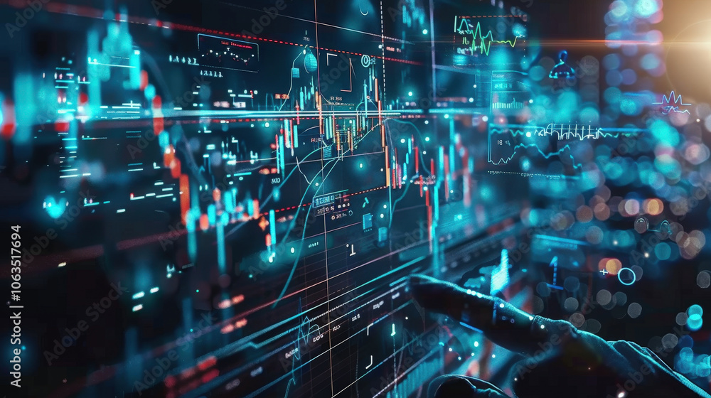 Poster digital financial data visualization with graphs and charts, showcasing market trends and analytics.