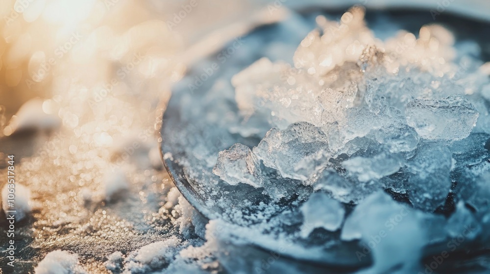 Poster close-up image of ice chunks resting on a frozen surface, capturing the intricate details of winter.