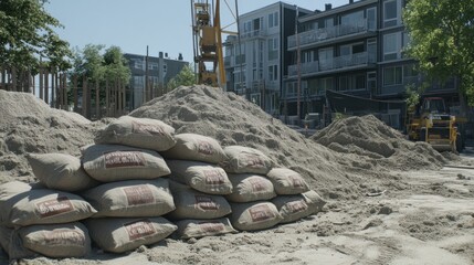 Fototapeta premium Construction site with sand piles and bags, showcasing building materials and equipment.
