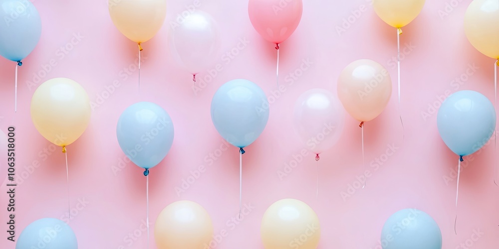 Poster soft pastel backdrop adorned with small helium balloons creates a festive vibe. close up view highli
