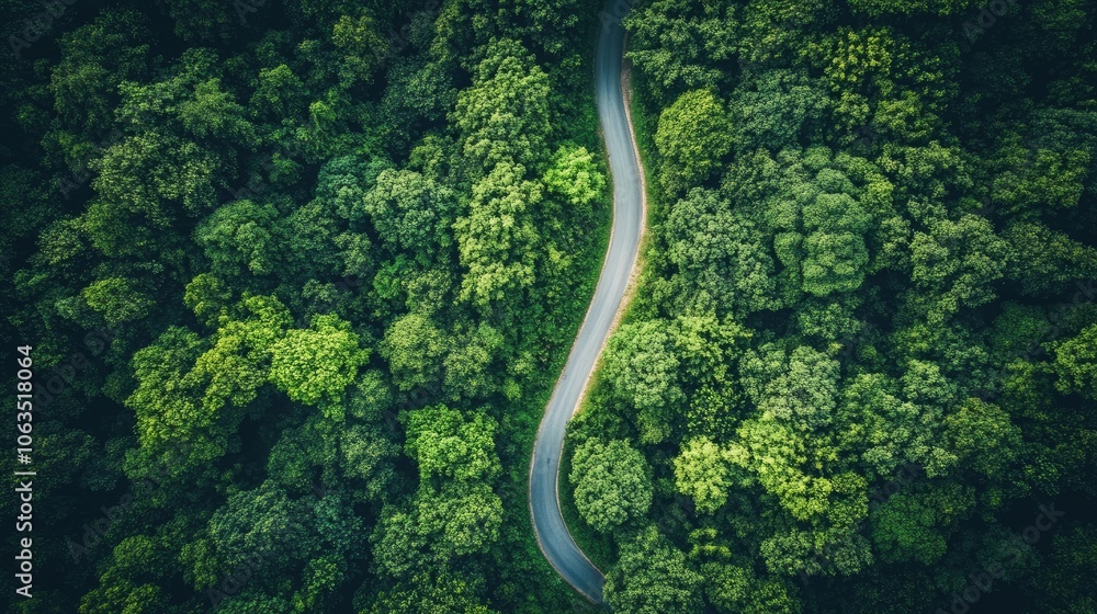 Poster aerial view from above captures a winding country road surrounded by lush green trees, creating a se