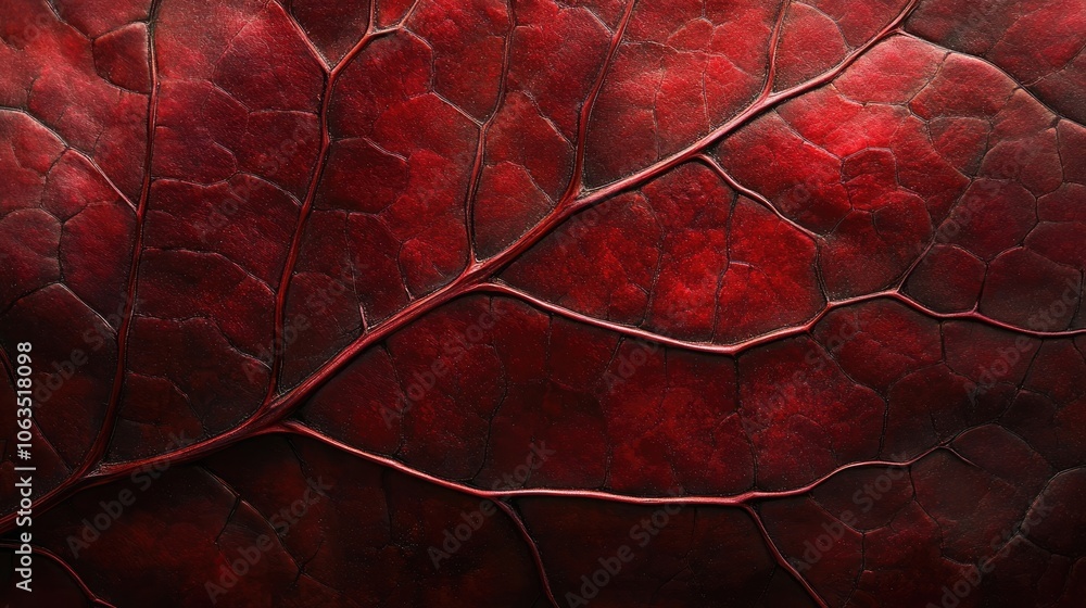 Poster closeup capture of a red autumn grape vine leaf, emphasizing its vibrant hues and intricate textures