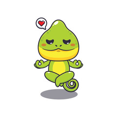 Chameleon doing meditation yoga cartoon vector illustration