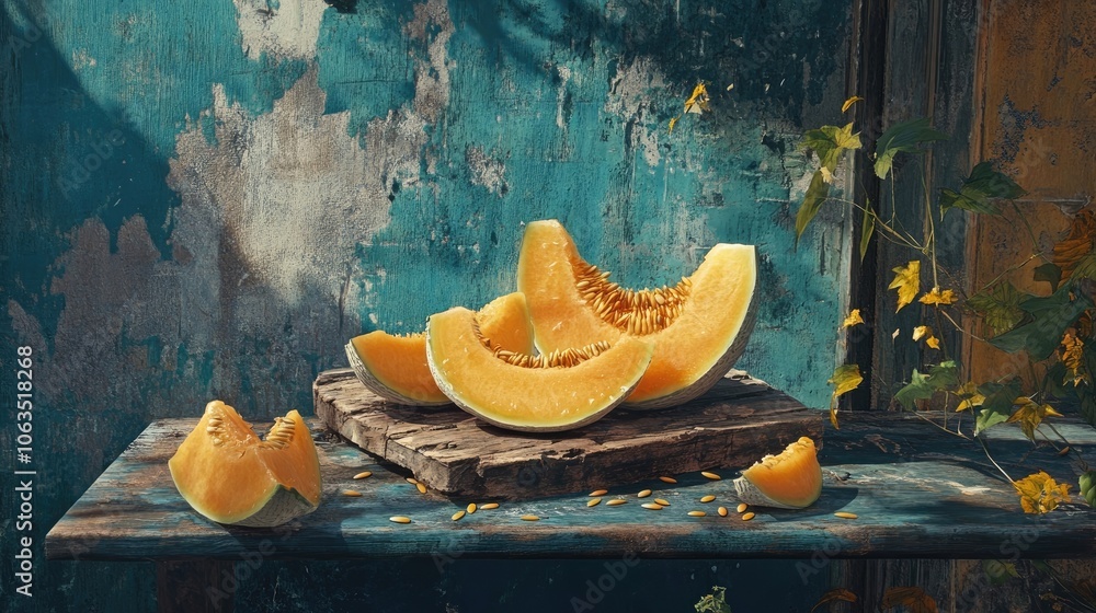 Poster still life composition in a dark rustic style, featuring cut cantaloupe with seeds arranged on a rou