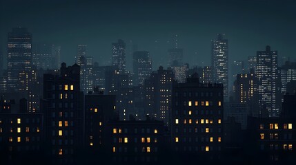 Obraz premium Glowing Cityscape at Night Illuminated Buildings in Urban Solitude