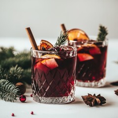 Christmas signature mulled wine cocktail in beautiful glassware on white background	