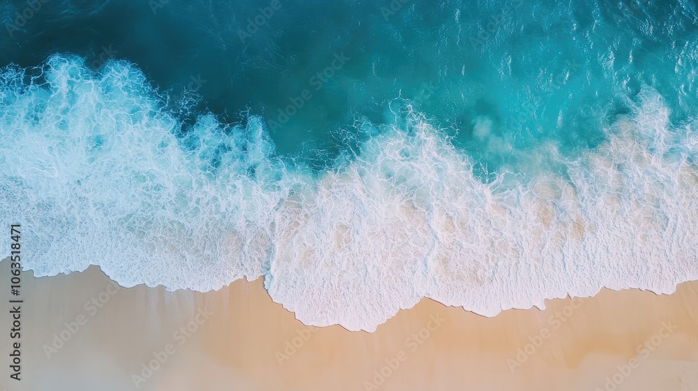 Poster ocean waves crashing onto a tranquil sandy beach create a serene atmosphere, highlighting the beauty