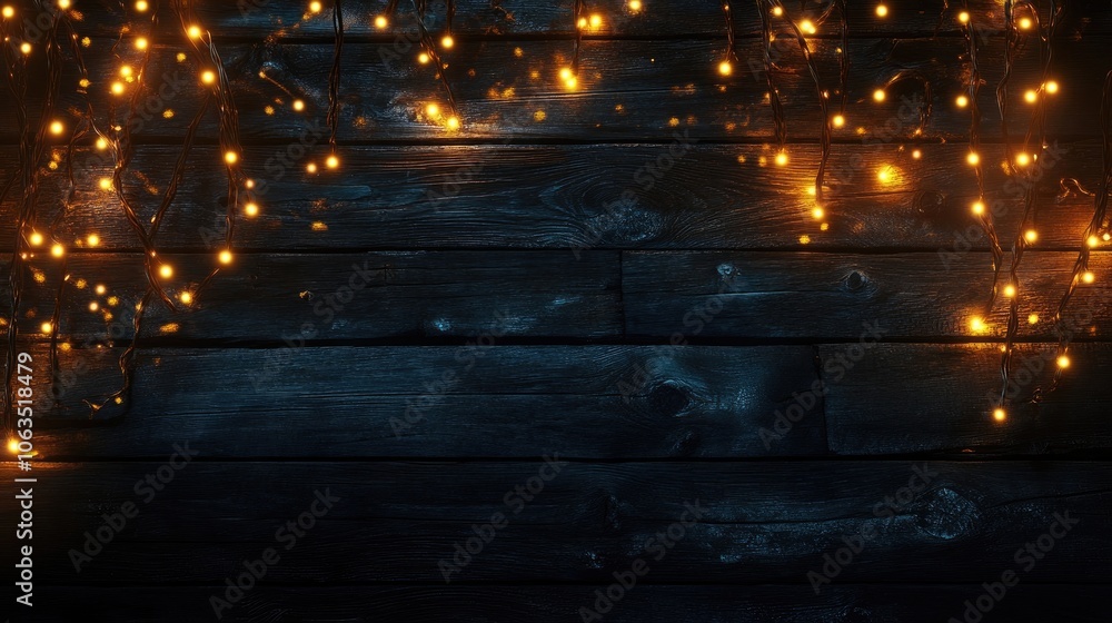 Poster glowing string lights illuminate a dark wooden background, creating a festive atmosphere perfect for