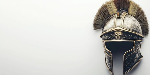 Obraz premium A Roman gladiator helmet set against a clean white backdrop. This helmet represents the fierce warriors of ancient Rome, embodying strength and valor.