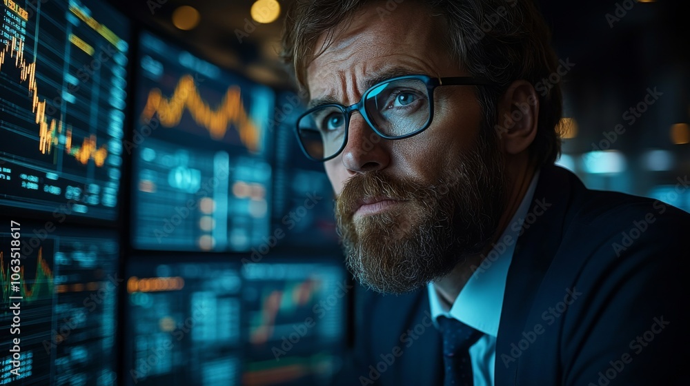 Leinwandbilder A focused trader with glasses examines multiple screens displaying stock market data and graphs in a dimly lit office, deep in thought.