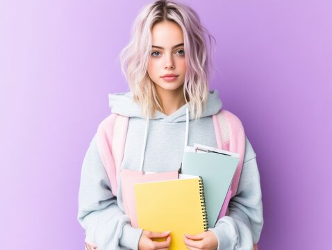 A young woman with colorful materials stands against a vibrant purple backdrop, wearing a light hoodie and showcasing a modern, stylish look.