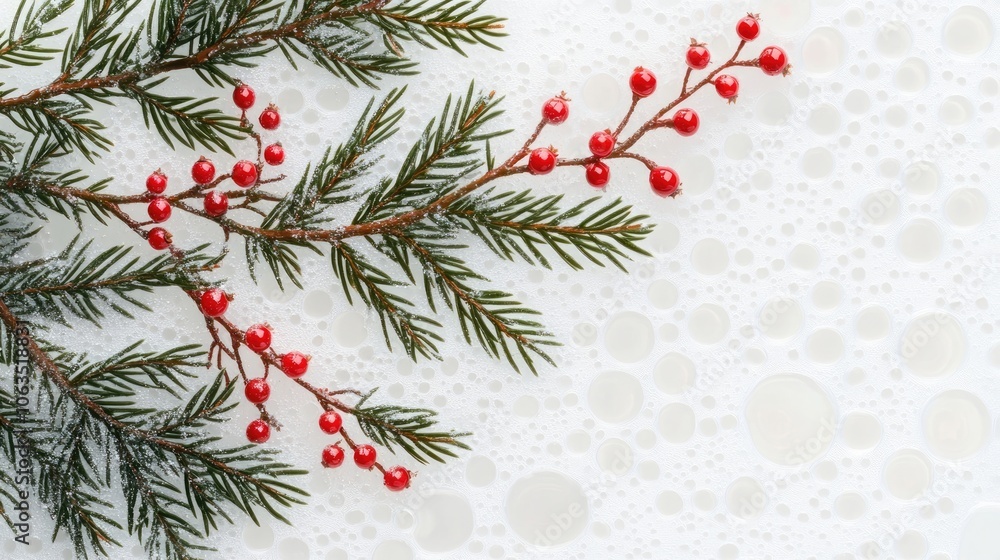 Poster green spruce branch adorned with prisms and red berries against a white background filled with bubbl