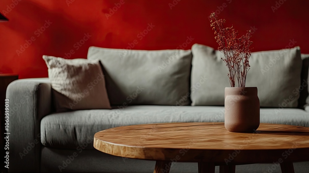 Poster a round wooden coffee table creates an elegant atmosphere next to a grey sofa, complemented by a dee