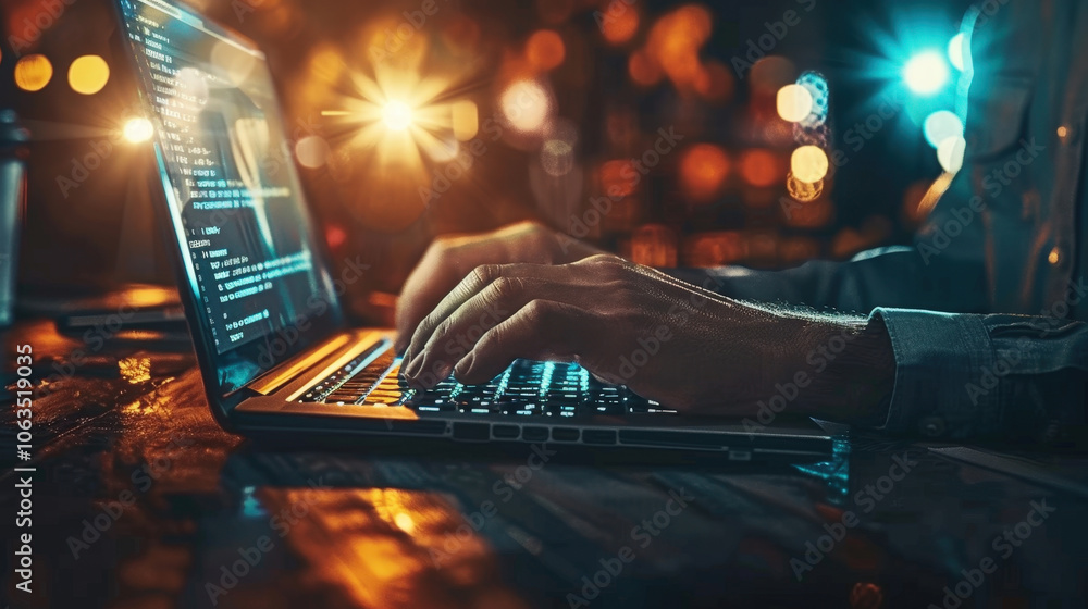 Poster person is focused on using laptop in dimly lit environment, with colorful bokeh lights in background