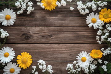 Obraz premium A old wooden plank background with a variety of yellow and white flowers, including daisies on the sides.