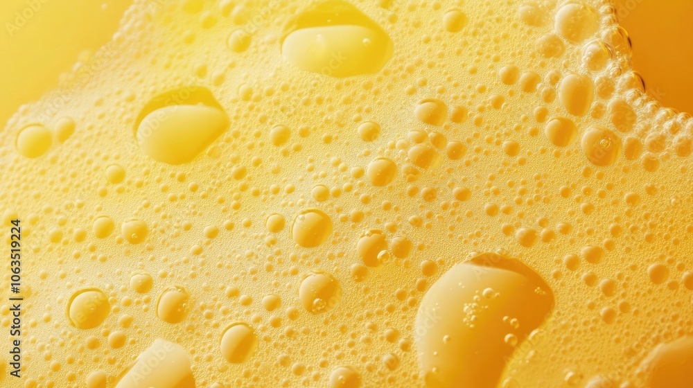 Poster close-up of yellow liquid bubbles creating a vibrant texture, with detailed yellow liquid bubbles pr
