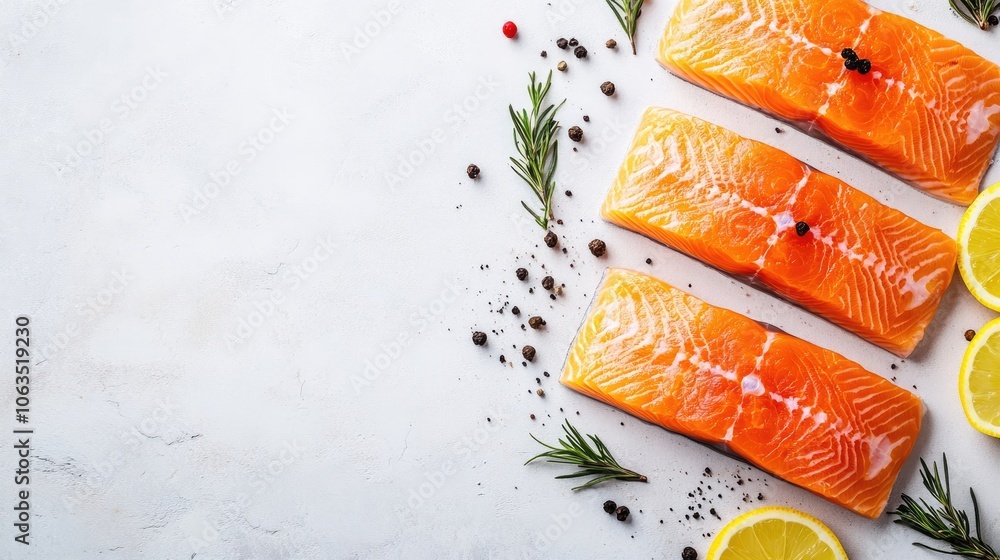 Poster raw salmon fish displayed on a light background, with a top view perspective emphasizing the fresh s