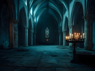 Fototapeta premium Dark Gothic Cathedral Interior with Flickering Candles and Casting Shadows Evoking Spiritual Mystery and Ancient Secrets