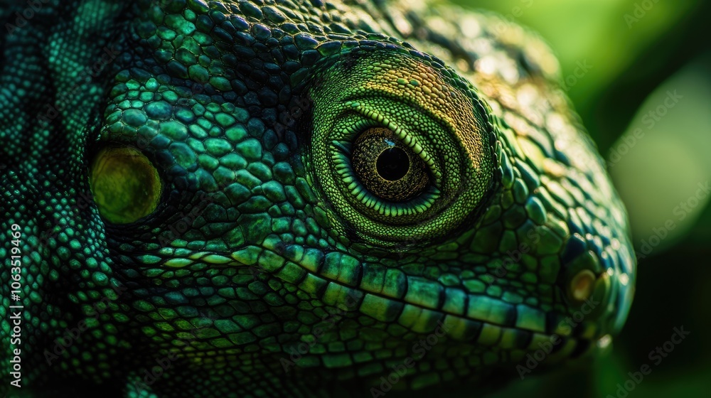 Poster close-up of setebos, highlighting its green striped exotic appearance, with a focus on its unique fe