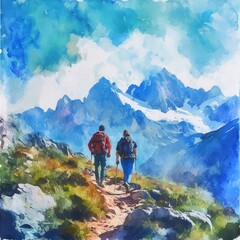 Fototapeta premium Two hikers trekking on a scenic mountain trail under a blue sky.
