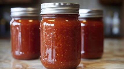 Homemade tomato sauce prepared and stored in a mason jar ready for canning. The homemade tomato sauce creates a vibrant visual appeal with ample copy space.