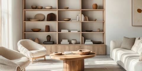 Nordic style bookcase cabinet serves as a freestanding furniture cupboard with shelves. It features neutral shelves against a white wall, complemented by a minimalist wooden coffee table.
