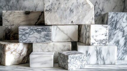 Empty marble blocks and countertops create a serene and elegant backdrop, highlighting the natural beauty of marble. Ideal for design projects, this photo offers ample copy space.